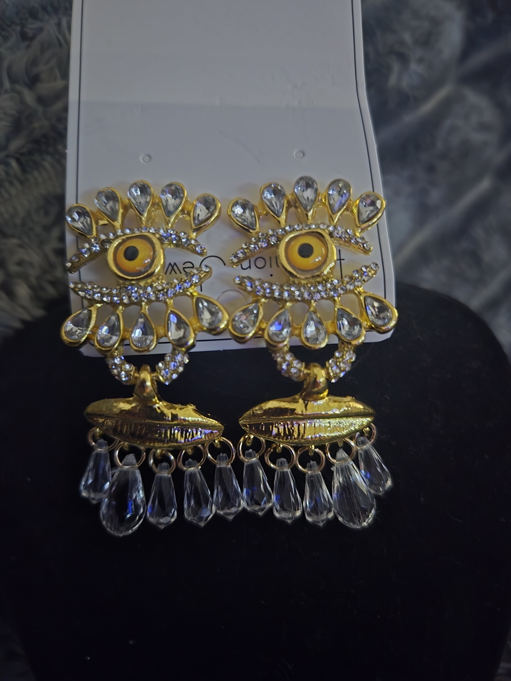 Schiaparelli Inspired Gold-Tone Yellow Evil Eye Crystal Dangle Earrings